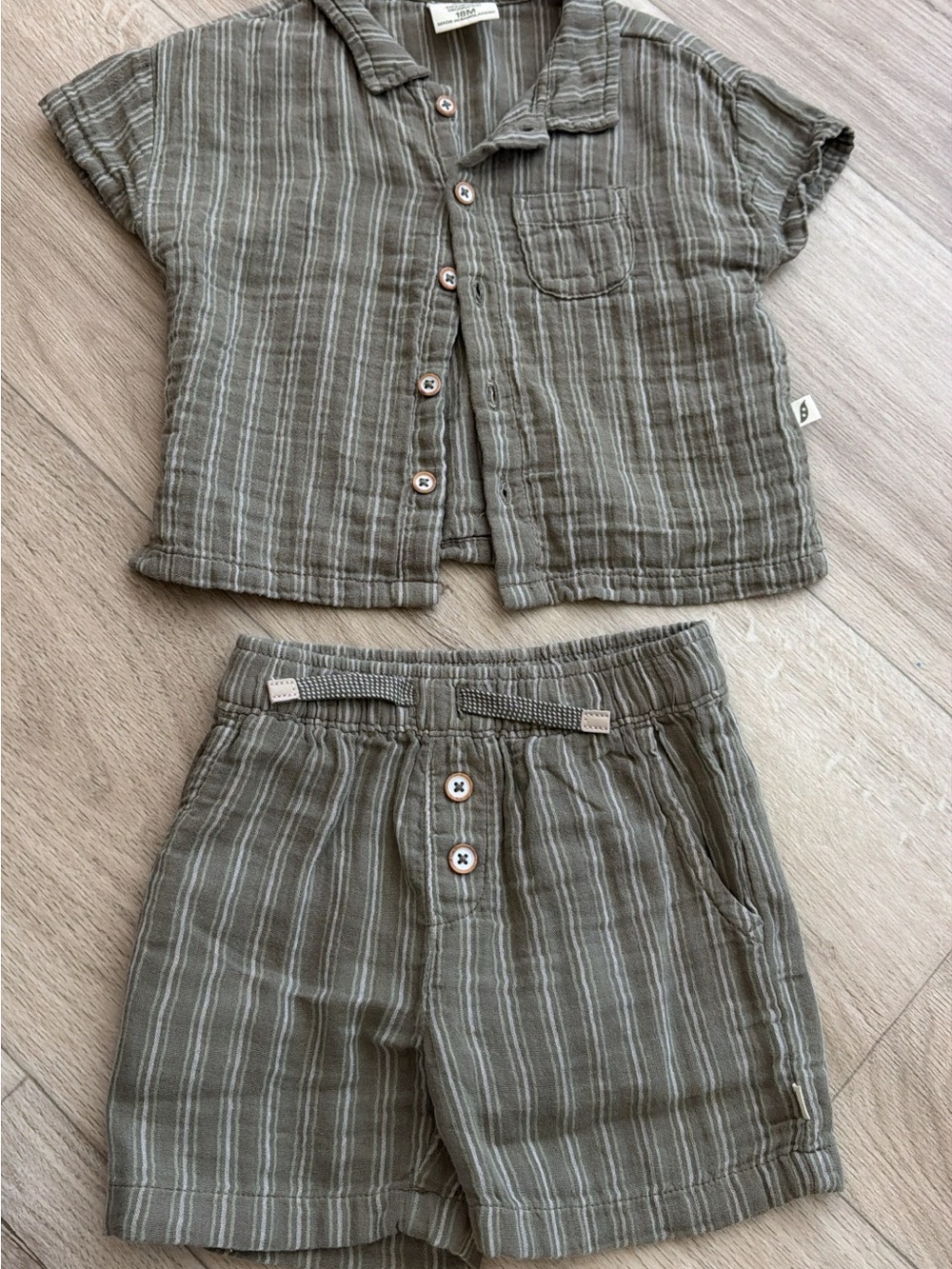 Kids' Olive Stripe Button-Front Shirt & Shorts Set